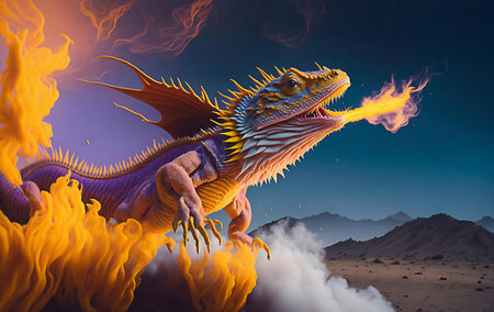 dragon with fire and smoke in the desert. 3d illustration.の素材