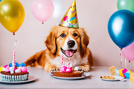 Cute golden retriever dog with birthday cake and balloons at homeの素材