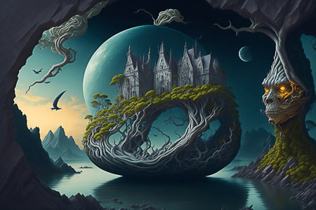 Fantasy landscape with castle and green tree. 3D illustration.の素材