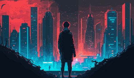 Vector illustration of a cityscape with a silhouette of a man.のイラスト素材