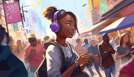 Young african american woman listening to music in the city. Vector illustrationのイラスト素材