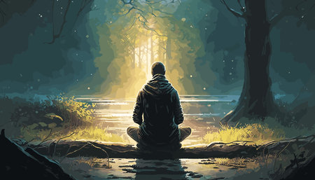 Hooded man sitting in the forest by the lake, vector illustrationのイラスト素材
