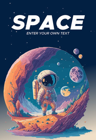 Space poster with astronaut in outer space. Vector illustration of space background.のイラスト素材