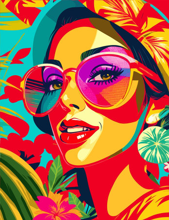 Portrait of a beautiful girl with sunglasses and tropical flowers. Vector illustration.のイラスト素材