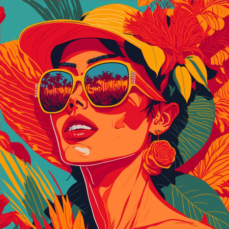 Beautiful girl in a hat and sunglasses on a tropical background. Vector illustration.のイラスト素材