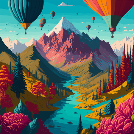 Colorful landscape with mountains, river and hot air balloons. Vector illustrationのイラスト素材