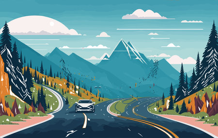 Road in the mountains. Vector illustration in flat style. Road to the mountains.のイラスト素材