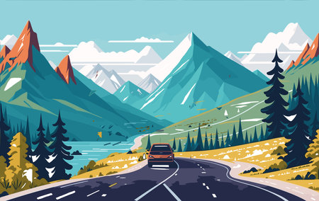 Road in the mountains. Vector illustration in flat style. Mountain landscape.のイラスト素材