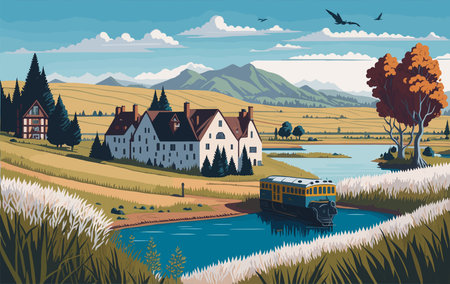Landscape with river and village. Vector illustration in flat style.のイラスト素材