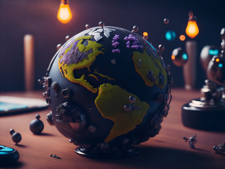 Globe on a table in a dark room. 3d renderingの素材