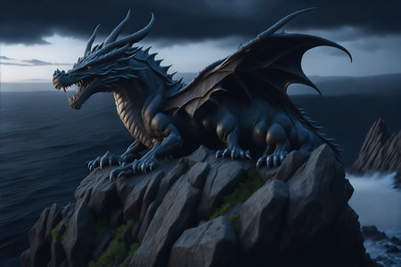 dragon on the rock. 3d render illustration of dragon on the rockの素材