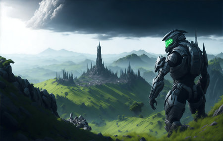 Cyborg standing on the top of the mountain with the temple in the backgroundの素材