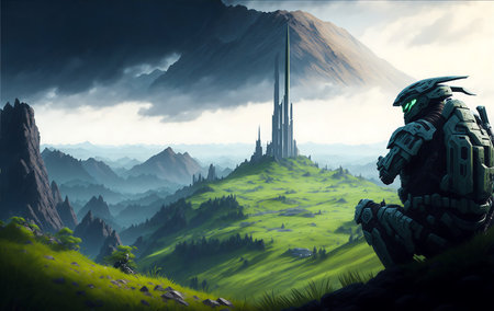 Dark green fantasy landscape with spooky monster on top of the mountainの素材