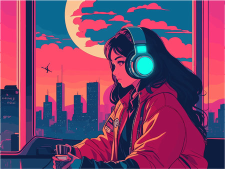 Vector illustration of a girl listening to music on the background of the cityのイラスト素材