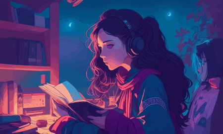 Illustration of a young girl in headphones reading a book at nightのイラスト素材