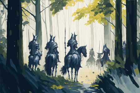 Horse riders in the forest. Vector illustration of a fantasy landscape.のイラスト素材