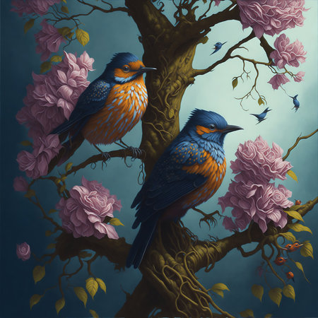 Birds on a branch of a blossoming tree. Illustrationの素材