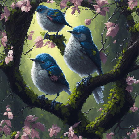 Illustration of a group of birds sitting on a branch of a blooming treeの素材