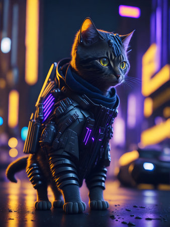 Futuristic cosplay scene with a black cat dressed as a knightの素材