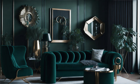 Green velvet sofa in modern living room interior with mirror. 3d renderingの素材