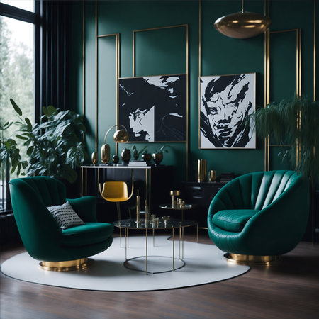 Luxury living room interior with green armchairs and coffee table. 3d renderの素材