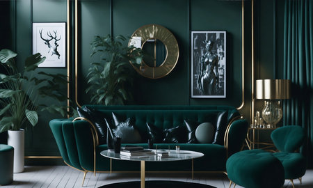 Green living room interior with furniture, armchairs and coffee table. 3d renderの素材