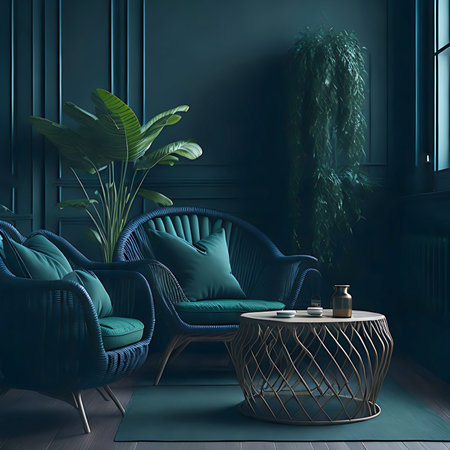 Blue living room interior with armchairs and coffee table. 3d renderの素材