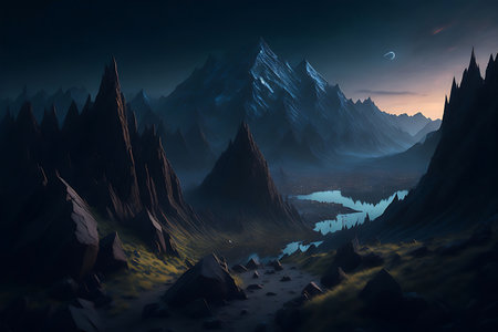 Fantasy alien planet. Mountain and lake. 3D illustration.の素材