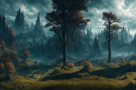 Fantasy landscape with a foggy forest. 3d render illustration.の素材