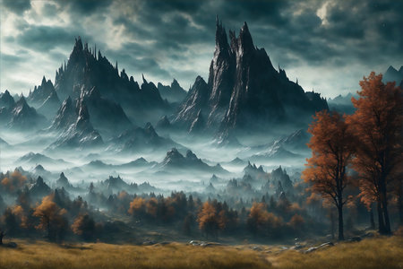 Fantasy landscape with mountains, trees, and fog. 3d illustrationの素材