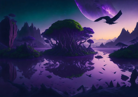 Fantasy alien planet. Mountain and lake. 3D illustration.の素材