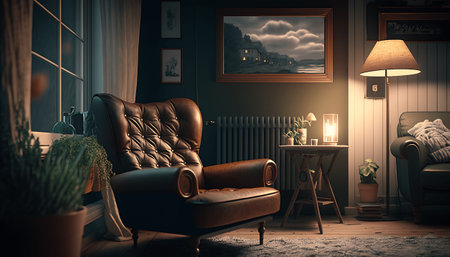 Comfortable armchair in the living room at night. 3d rendering.の素材