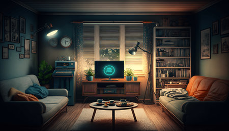 Interior of a living room with a TV set and a sofa.の素材