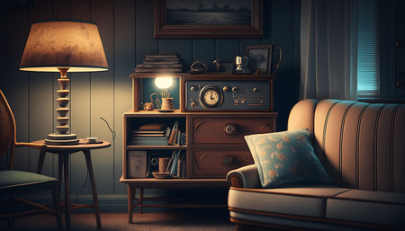 Interior of a living room with vintage furniture. 3d renderの素材