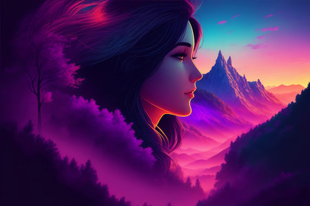 Digital illustration of a female face in a surreal landscape with mountains.の素材