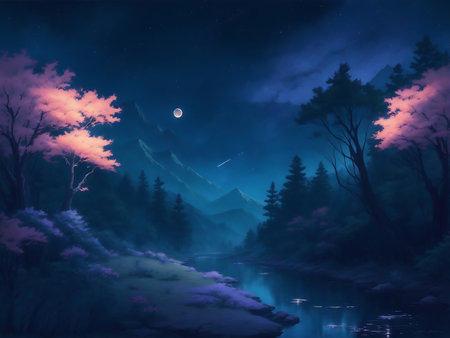 Fantasy landscape with a mountain river and forest in the night.の素材