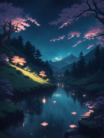 Night landscape with lake and tree. Digital painting. 3D illustration.の素材