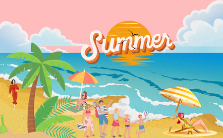Summer vector illustration. Summertime background with children on the beach.の写真素材