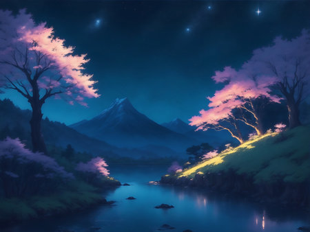 Fantasy landscape with mountain, lake and tree. Digital painting.の素材