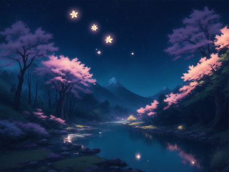 Fantasy landscape with mountain, forest and lake. Digital painting.の素材