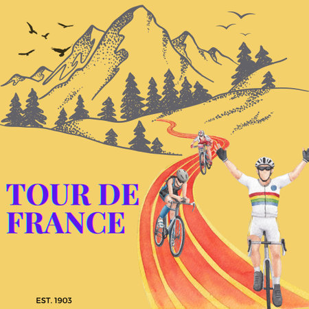 Triathlon poster with cyclist and mountains in background. Vector illustration.の写真素材