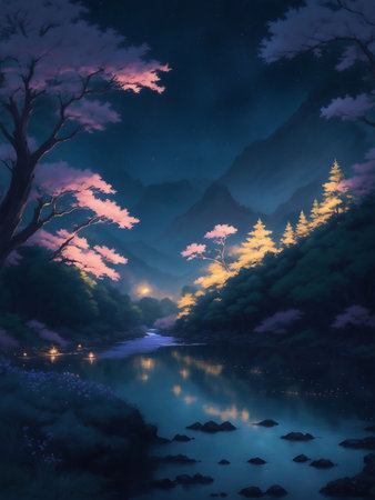 3d illustration of a beautiful night landscape with a lake and treesの素材