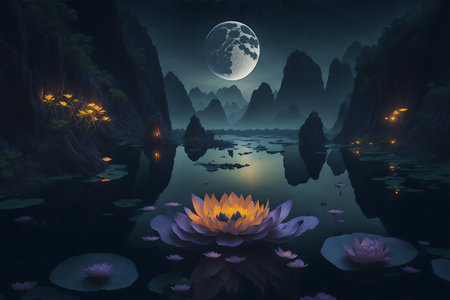 Night scene with water lily and moon, 3D illustration.の素材