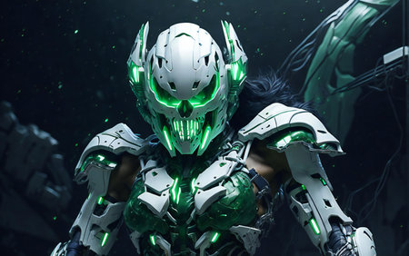 3D rendering of a female robot with green armor on a dark backgroundの素材