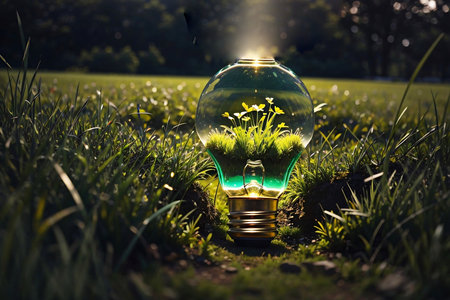 Glowing light bulb in the grass. 3D Rendering.の素材