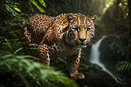 Leopard in the jungle with a waterfall in Borneo.の素材