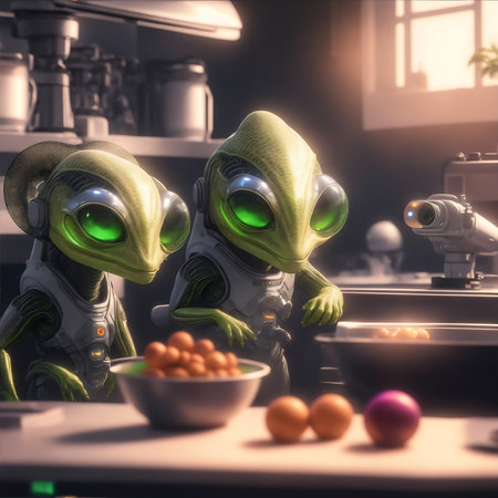 Two green aliens in the kitchen, 3d rendering. Computer digital drawing.の素材