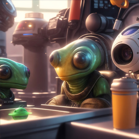 3D rendering of a robot in a science fiction spaceship interior.の素材
