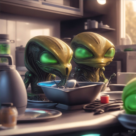 3D rendering of a couple of alien characters in the kitchen.の素材
