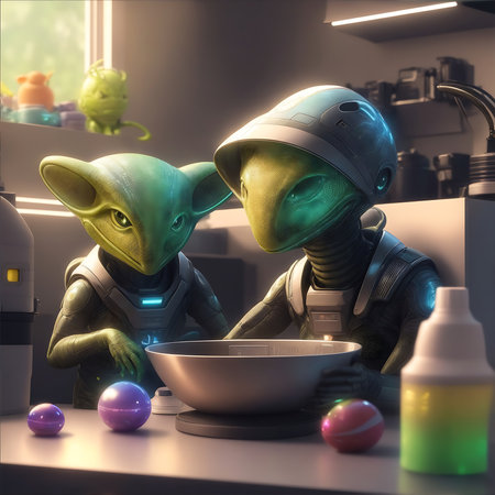 Two robots playing in the kitchen. 3D rendering. Toned.の素材